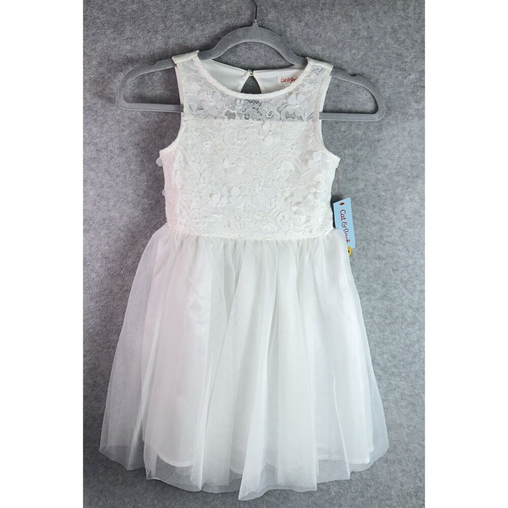 Girl's White Dress Size Small (6/7) Tulle Bow Flowers Communion Wedding Easter